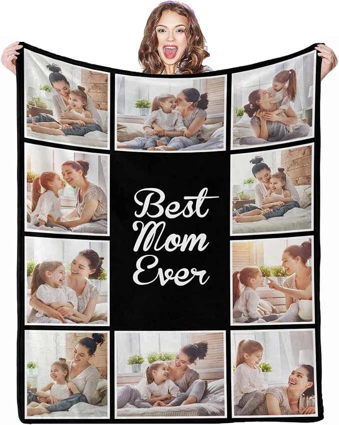 Photo Blankets Customize, 10 Photos Customize Blanket Mom Birthday Gifts from Daughter Son, Personalized Mom Daughter Pictures Blankets, 8 Sizes