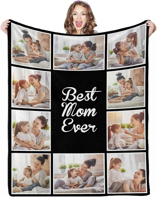 Photo Blankets Customize, 10 Photos Customize Blanket Mom Birthday Gifts from Daughter Son, Personalized Mom Daughter Pictures Blankets, 8 Sizes