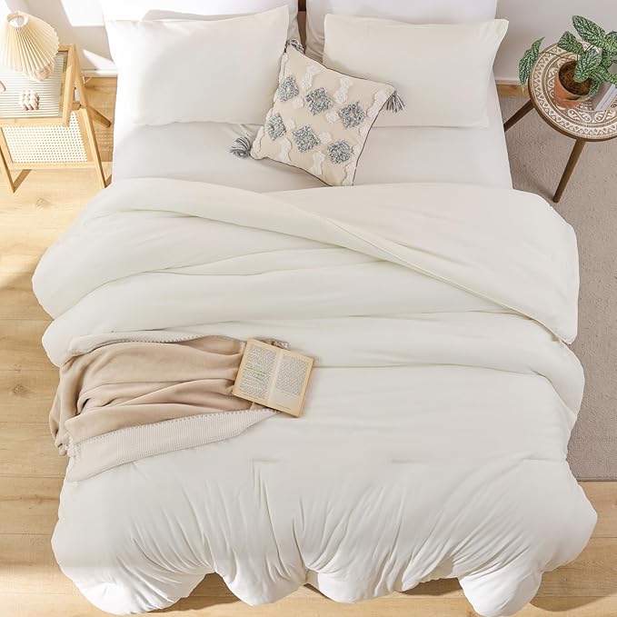 ROSGONIA California King Comforter Set Ivory, 3pcs (1 Boho Cal King Comforter & 2 Pillowcases), All Season Bedding Soft Bedspread Blanket Quilt