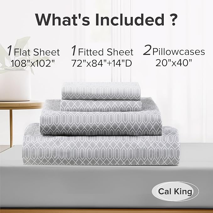 Comfort Spaces 100% Cotton Sheet Set Breathable, Lightweight, Soft with 14" Elastic Pocket Fits up to 16" Mattress, All Season Cozy Bedding, Matching Pillow Case, Cal King Diamond Taupe 4 Piece
