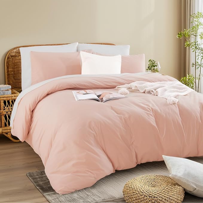 NEXHOME PRO Duvet Cover Set Queen Size Linen Feel Textured Organic Natural 100% Washed Cotton Duvet Cover 3 Pieces Bedding Set with Zipper Closure, Breathable Dusty Pink (No Comforter)