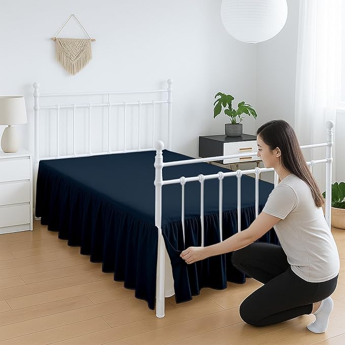 Premium Microfiber Full Ruffled Bed Skirt, 8” Drop with Split Corners, Soft Wrinkle Free Bedskirt with Platform, Solid Navy Blue Dust Ruffle for 54" x 75" Mattress