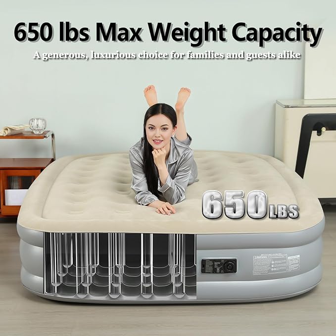 Queen Air Mattress with Built-in Pump, 2 Min Fast Inflation, 16" Raised Height, Supports up to 650 lbs, for Camping, Home Use, Guests, Portable Travel