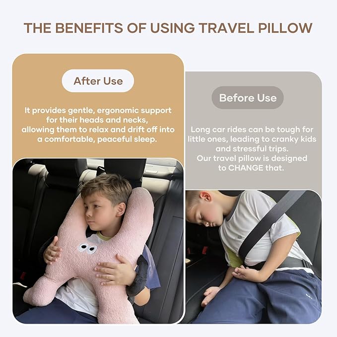 Car Pillow for Kids,H-Shaped Adjustable Travel Neck Pillow for Sleeping,Soft Plush Support for Head & Neck, Long Road Trip Essentials for Boys Girls(Pink)