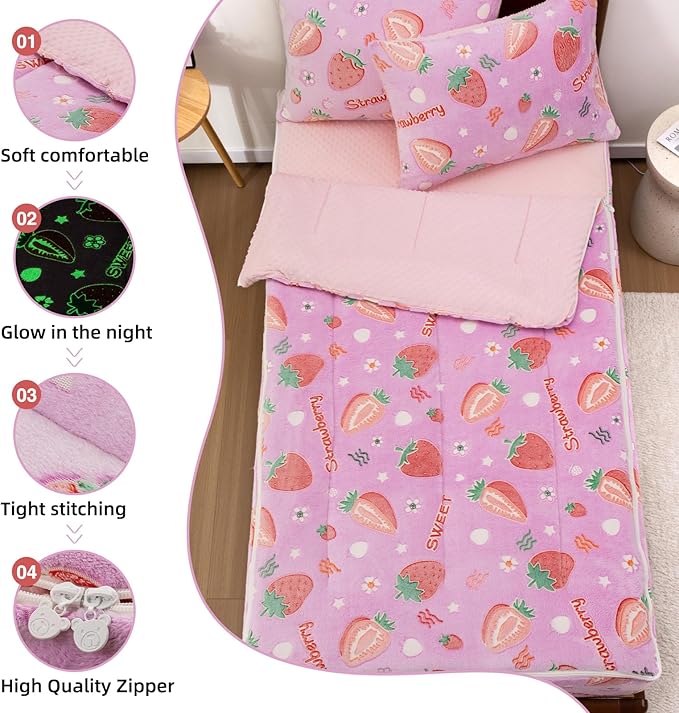 A Nice Night Chic Cute Strawberry Plush Zippered Comforter Set,Zipper Bedding Glow in The Dark for Child, Twin