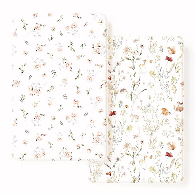 GRSSDER Stretchy Ultra Soft Jersey Knit Pack and Play Sheets 2 Pack, Portable/Mini Crib Sheets Universal Fitted for Playpen Mattress Safe and Snug, Beautiful Pink Floral and Cute Animals Print