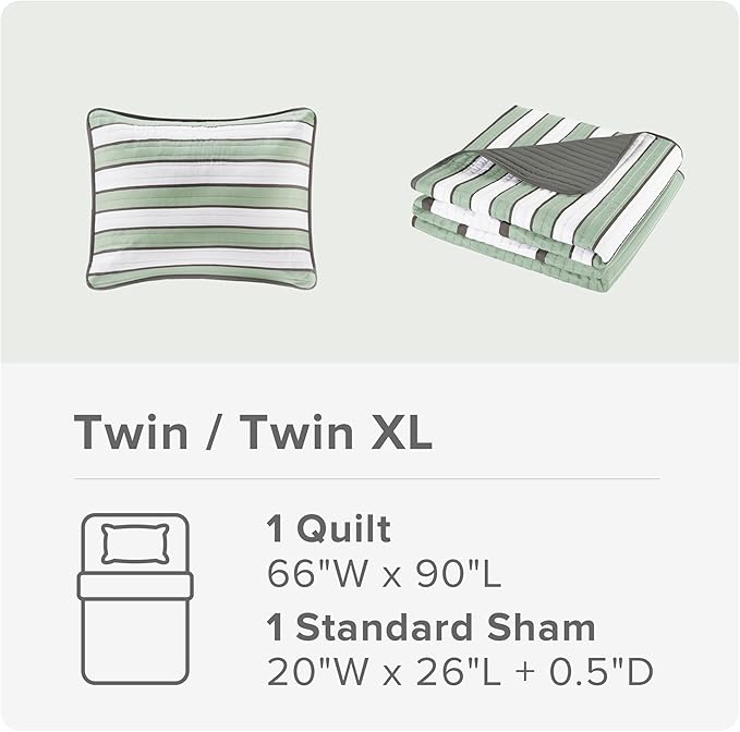 Comfort Spaces Twin Quilt Set Trendy Casual Fun, Vibrant Color Stripes Design, All Season Lightweight Coverlet Bedspread Twin Size Kids Bedding & Sham, Verone, Twin/Twin XL, Sage Green, 2 Piece