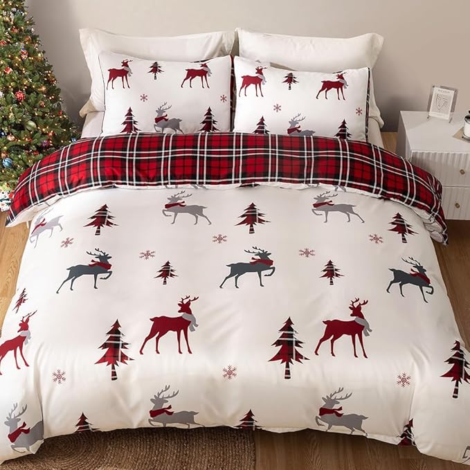 Lekesky Christmas Duvet Cover King Size,3 Pieces Reversible Red Plaid Reindeer Snowflake Holiday Bedding Set with Zipper Closure and Corner Ties(1 Duvet Cover 104x90 inches + 2 Pillowcases)