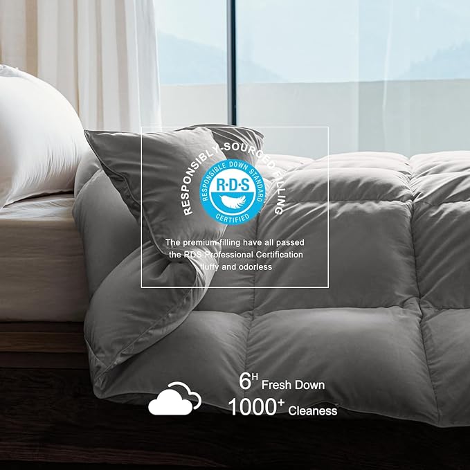 Royoliving Premium Feathers Down Duvet Insert Comforter California King Size Gray All Season Medium Warmth Grey 100% Cotton Cover with Corner Tabs (108x98, 67 oz)