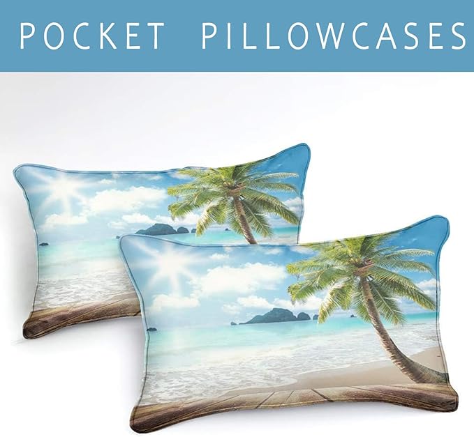 Bedbay Coastal Beachy Comforter Set King Beach Themed Comforter Bedding Set Tropical Palm Tree Quilt Set 3 Pcs Beach Room Decor Ocean Coastal Bedding Set King Duvet Set