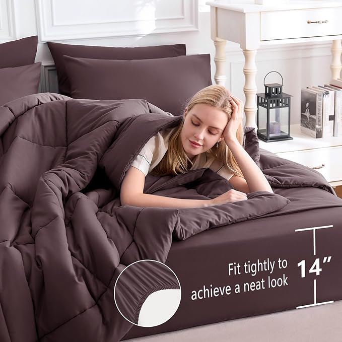 CozyLux King Size Comforter Set Cocoa Powder, 7 Pieces Bed in a Bag, Cocoa Powder Comforter King Size, All Season Bedding Sets with Stitch Quilted Comforter, Flat Sheet, Fitted Sheet, Pillowcases