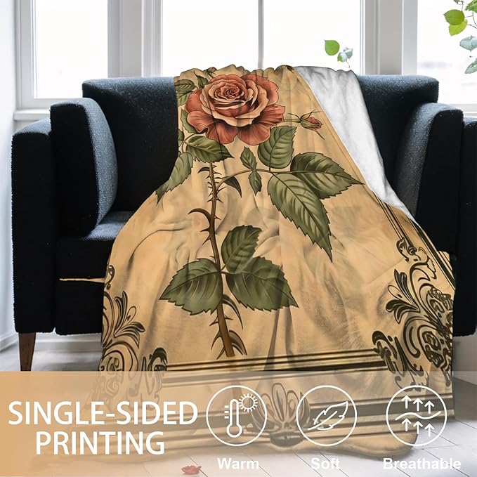 Vintage Floral Blanket Lightweight Blankets Gifts for Women Flannel Throw with Beige Flower and Gold Vine on Dark Background Printed for Sofa, Bed, Travel, Retro Decor Throws 60x50 Inch