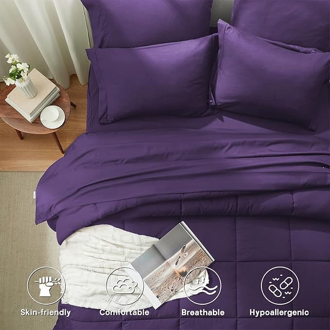 Anluoer Twin Comforter Set 5 Piece, Dark Purple Bed in a Bag with Sheets, Comforters Twin Size Bedding Sets with 1 Comforter, 1 Pillow Shams, 1 Pillowcases, 1 Flat Sheet,1 Fitted Sheet