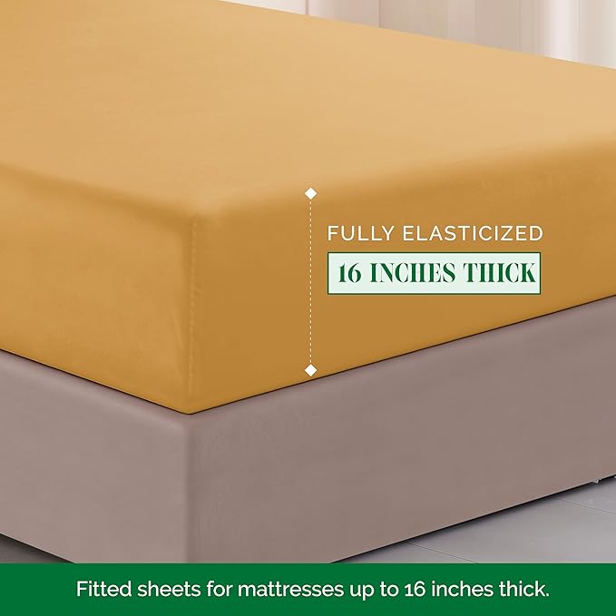 Elegant Comfort Luxurious 1500 Premium Hotel Quality Microfiber Three Line Embroidered Softest 4-Piece Bed Sheet Set, Wrinkle and Fade Resistant, Queen, Camel-Gold