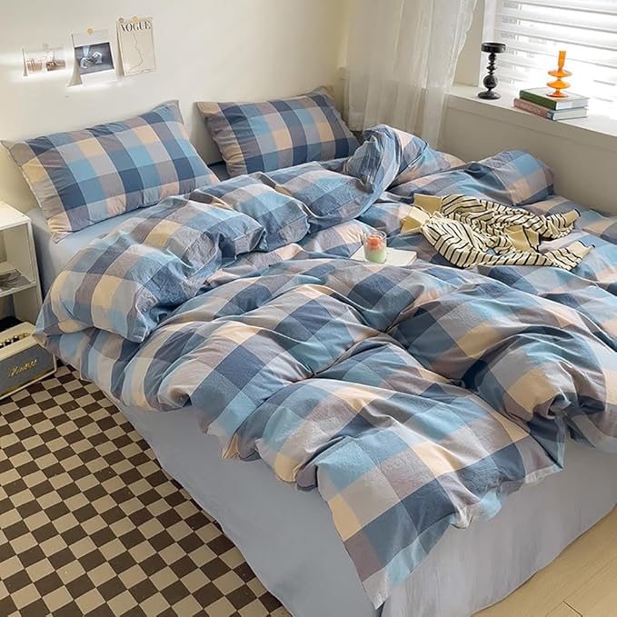 LifeTB Washed Cotton Plaid Duvet Cover King Blue Grey Plaid Grid Bedding Set King 3 Pieces Buffalo Grid Duvet Cover Modern Checkered Gingham Comforter Cover Farmhouse Bedding Set Breathable