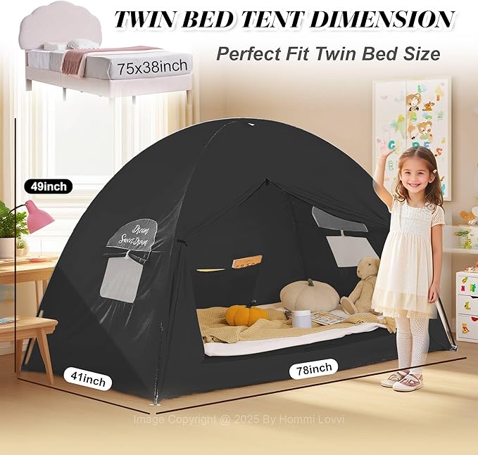 Twin Bed Tent for Boys, Indoor Blackout Sleeping Tent with Dreamy Canopy, Breathable Privacy Bunk Beds, Ideal for Drafty Rooms or Cottage-Style Spaces, Black