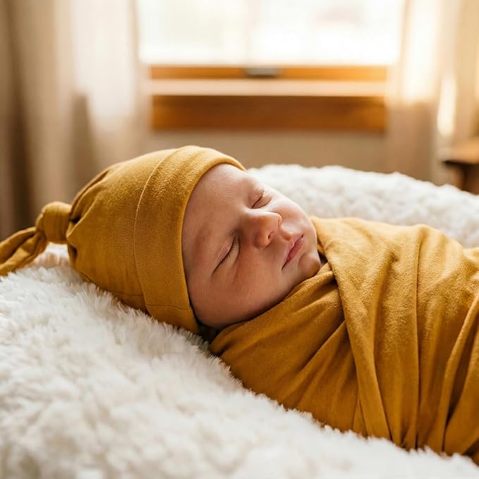 Large Jersey Knitted Swaddle Blanket for Baby, Soft Stretchy Receiving Blanket for Newborns with Hat, Baby Nursery Swaddle 47 x 47 inches(Copper)