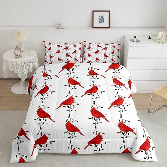 Feelyou Kids Cute Bird Bedding Set for Girls Boys Children Red Birds Cardinals Comforter Decorative Black Tree Branches Comforter Set Farmhouse Country Style Duvet Set Twin Size 2Pcs Quilt Set