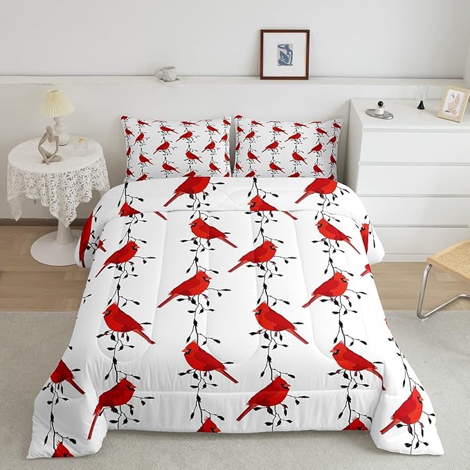 Feelyou Kids Cute Bird Bedding Set for Girls Boys Children Red Birds Cardinals Comforter Decorative Black Tree Branches Comforter Set Farmhouse Country Style Duvet Set Full Size 3Pcs Quilt Set