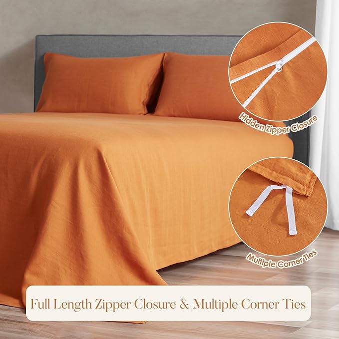 DAPU 100% Linen Duvet Cover Set - Pure Natural French Flax Linen with Corner Ties and Zipper Closure Soft Breathable Durable for Hot Sleepers 1 Duvet Cover 2 Pillowcases (Sunrise, King)