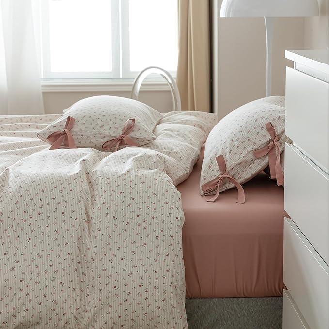 Floral Duvet Cover Queen Size Cotton Boho Fresh Garden Floral Coquette Comforter Cover with 2 Bowknot Bow Tie Pillowcases,3 Piece Botanical Flower Bedding Duvet Cover Set,Soft & Breathable Bedding Set