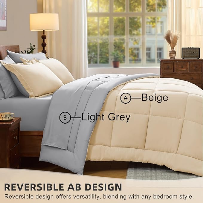 FUANNA Queen Comforter Set 7 Pieces, Reversible Bed in a Bag with All Season Soft Comforter, Bedding Sets Includes Comforter, Flat Sheet, Fitted Sheet, Pillowcases & Shams, Cream White & Light Grey