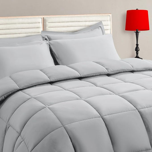 Light Grey Full Size Comforter Set - 7 Pieces, Bed in a Bag Bedding Sets with All Season Soft Quilted Warm Fluffy Reversible Comforter,Flat Sheet,Fitted Sheet,2 Pillow Shams,2 Pillowcases,Light Gray
