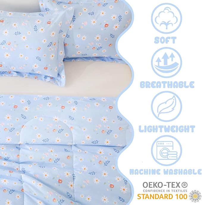 Yibeizi Blue Floral Comforter Set for Girls Twin, Kids Cute Printed Bedding Set with Pillow Sham, Lightweight Soft Breathable Machine Washable Quilted Bed Comforter Set 2 Piece