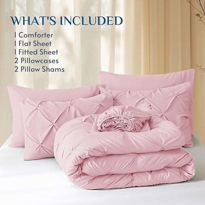 JOLLYVOGUE King Size Comforter Set 7 Pieces - Bed in a Bag King for All Season, Pintuck Bedding Comforter Sets with Comforter, Flat Sheet, Fitted Sheet and Pillowcases & Shams, Baby Pink