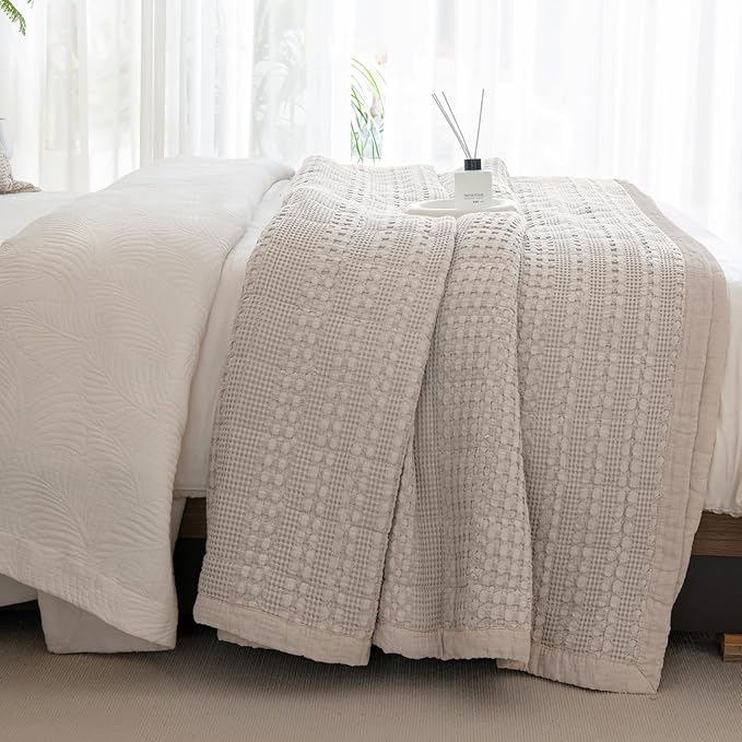 Sanracie Cotton Oversized King Bedspread (128"x120"), Oatmeal Colored Waffle Weave Quilted Set Extra Wide Farmhouse Aesthetic Bedding Set 3Pcs Soft Breathable Bedding Coverlet for All Season