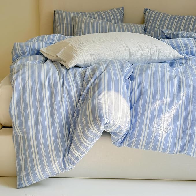 Blue Striped Duvet Cover Set Full, Stripes Pattern Printed 100% Washed Cotton Bedding Set, Minimalist Blue White Striped Comforter Cover with 2 Pillowcases, 3 Pieces Soft Breathable Duvet Cover Full
