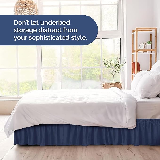 Wrap Around Dust Ruffle Bed Skirt - Navy Blue - for King Size Beds with 15 Inch Drop - Elastic Strap - Adjustable Pleated Bedskirt with Brushed Fabric and Wrinkle Free - for Women, Men, Kids & Teens