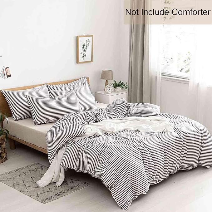 Nanko Striped Queen Size Duvet Cover Set, White and Grey Stripe Print Pattern 3 PCS - Microfiber Bedding Sets Comforter Cover Zip, Tie - Modern Farmhouse Style for Men and Women Teen, 90 X 90 in Gray