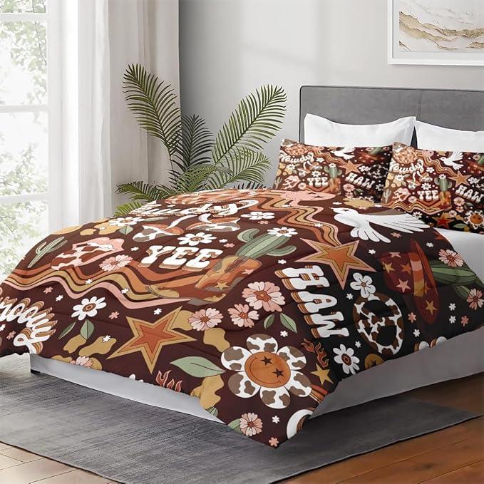 Twin Size Comforter Set with Pillowcase, 70S Retro Western Hippie Cowboy Soft 2 Pcs Bedding for Kids and Adults Bedroom Bed Decor
