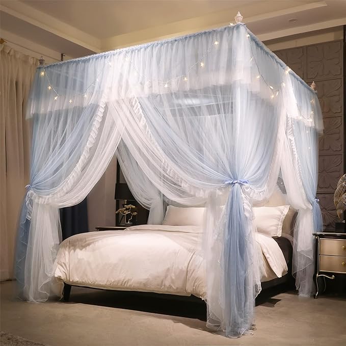VETHIN 4 Corners Post Ruffle Princess Bed Canopy Curtain-Double Layer Cozy Drape Netting 4 Opening Mosquito Net for Girls Adults Bedroom Decoration (Gray/White, 53" W*78" L*82"*H/(Full))