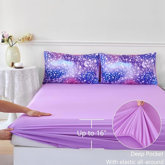 PERFEMET Full Size Bedding Sets for Girls, 6-Piece Colorful Rainbow Comforter Set with Sheets, Tie Dye Fluffy Kids Bed-in-a-Bag, Glitter Ombre Teen Girl Bed Sets (Purple Pink, Full)