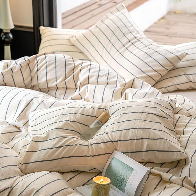 LifeTB Boho Striped Duvet Cover Sets King Beige Cream Duvet Cover with Grey Stripes Pattern Comforter Cover Breathable Farmhouse Bedding 100% Washed Cotton Striped Bedding Comforter Cover King Size