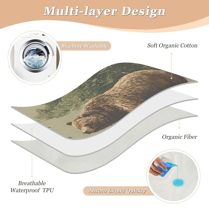 Waterproof Bed Pad Reusable Changing Pad Toddler Mattress Protector Large Pee Pad Baby Diaper Pad Soft Washable Liner Forest Brown Bears Green