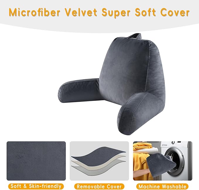 Reading Pillow for Sitting in Bed Adult, 19" Reading Pillow with Shredded Memory Foam, Back Pillow for Sitting Up with Extend Arms, Pockets, Bed Pillow with Washable Cover, Grey