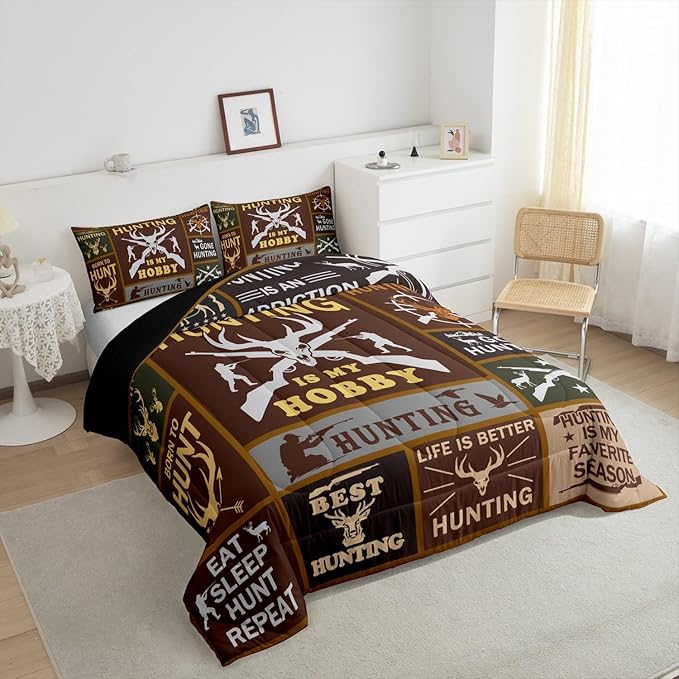 Feelyou Deer Hunting Comforter Queen Size for Kids Hunting Gifts Comforter Set Boys Girls Deer Antlers Comforter Farmhouse Duvet Insert 3Pcs