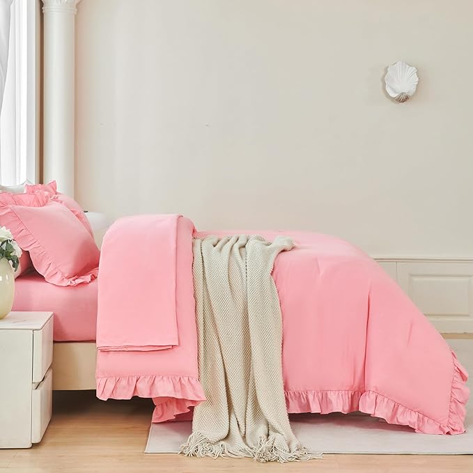 ANGIYUIN 5Pcs Coral Pink Comforter Set Queen Size Ruffled Bedding Sets for Girls Women Shabby Chic Ruffle Solid Bed in A Bag with Sheets All Season Fluffy Bed Set(Coral Pink Queen)