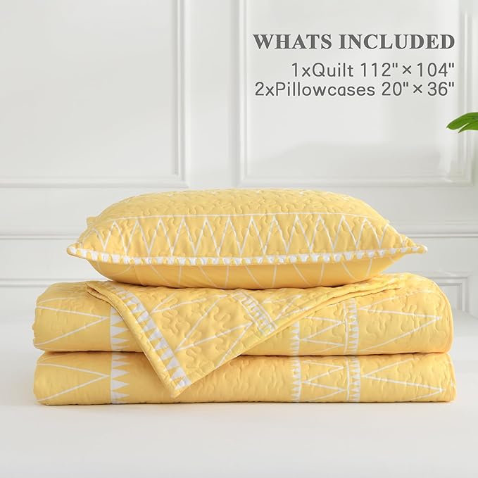 Andency Yellow California King Quilt Set, 3 Pieces Boho Lightweight Soft Striped Cal King Bedspread for All Season (112"x104"), Printed Bohemian Microfiber Reversible Coverlet Comforter Sets