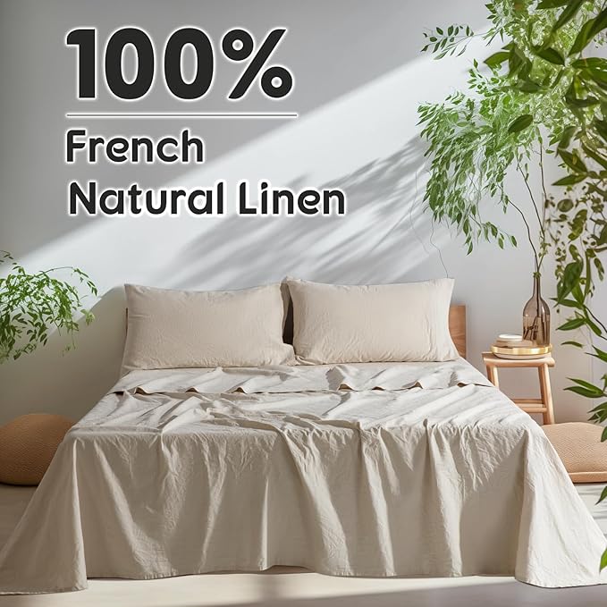 SONORO KATE 100% French Pure Linen Sheets, Breathable and Durable Linen Sheets, Anti-Tear Linen Bed Sheets, Machine Washable, 16 Inch Deep Pocket - 4 Piece (Natural Linen, California King)