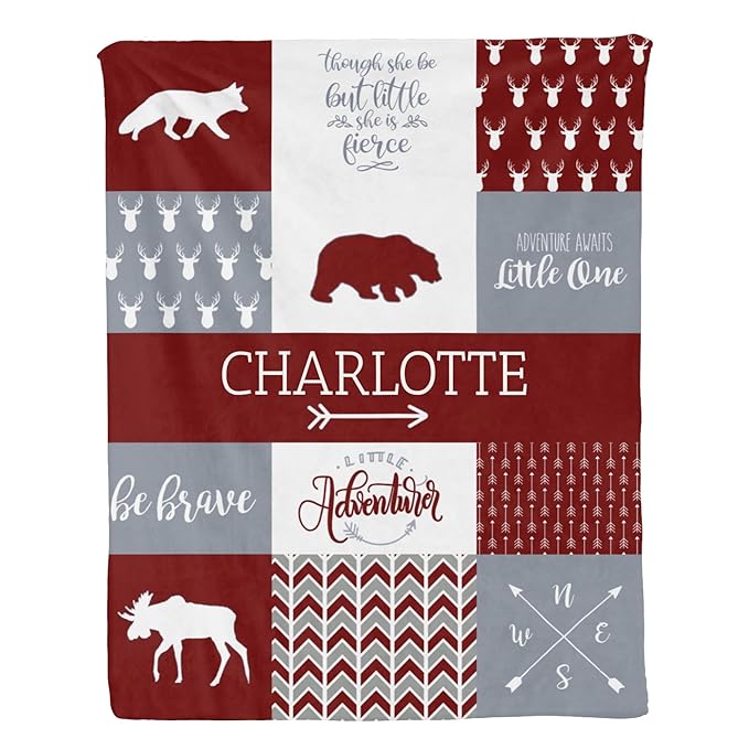 Personalized Baby Blanket, Woodland Baby Blankets for Girls, Super Soft Nursery Blankets with Cotton Front and Dotted Fleece Backing, Printed Bed Throws Newborn, Red Dahlia