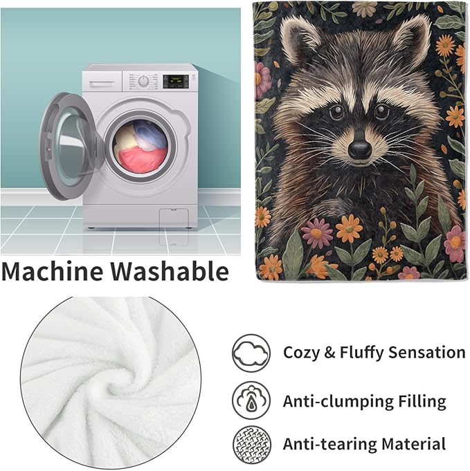 Raccoon Floral Flannel Blanket, Wildlife and Botanical Soft Lightweight Throw Blankets Gifts for Women,60" x 80" Perfect for Couch Bed Home Travel Decor
