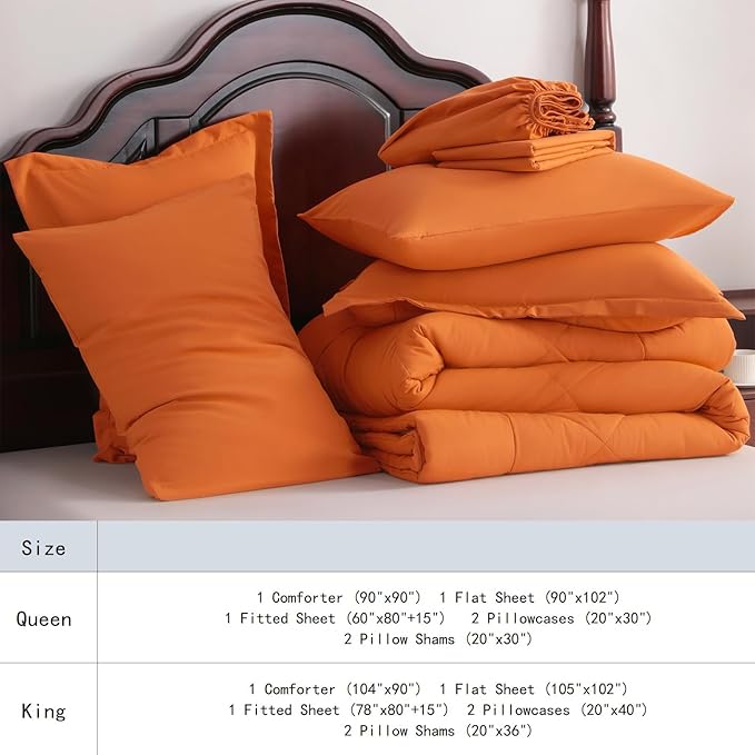 NTBAY King Comforter Set with Sheets, 7 Pieces Soft and Breathable King Bedding Set, Bed in a Bag, Down Alternative Comforter Set Solid Color All Season, Orange