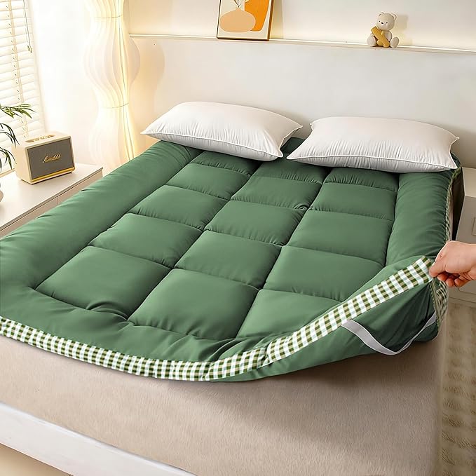 Thick Mattress Topper Twin Size - Non-Slip Mattress Pad Cover for Back Pain Breathable Folding Sleeping Pad Machine Washable Mattress Protector (39x75 inch,Green)