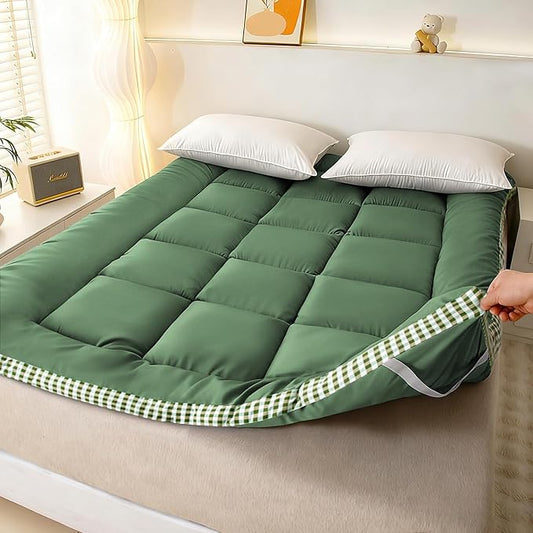 Thick Mattress Topper Full Size - Non-Slip Mattress Pad Cover for Back Pain Breathable Folding Sleeping Pad Machine Washable Mattress Protector (54x75 inch,Green)