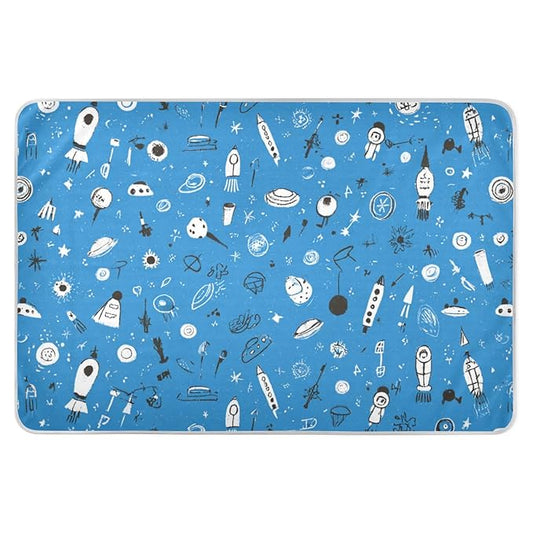 Waterproof Bed Pad Reusable Changing Pad Toddler Mattress Protector Large Pee Pad Baby Diaper Pad Soft Washable Liner Blue Space Doodle Rocket Spacemen