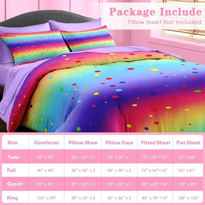 Comforter Set Twin Size, Cute Rainbow Polka Dot 5 Pcs Bedding for Kids and Adults, Colorful Glitter Bed Sheet Sets with Fitted Sheet Pillowcase & Sham for Bedroom Bed Decor